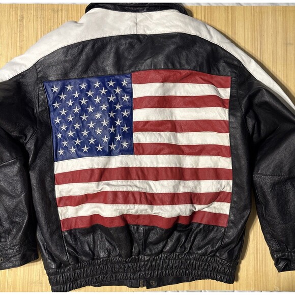 USA Flag Leather Bomber Jacket Men’s Medium USA Down The Sleeves Vintage Biker - Picture 3 of 16